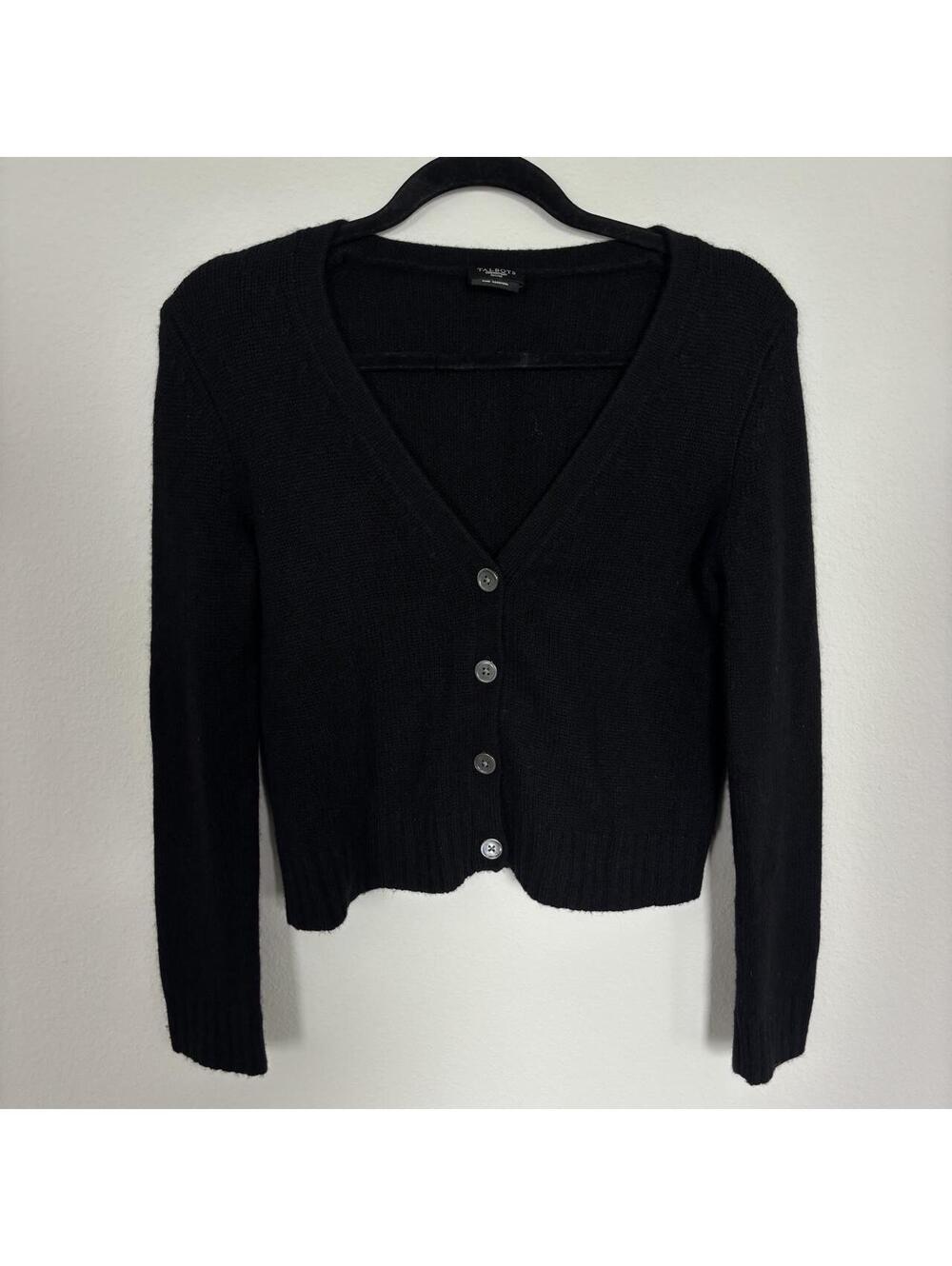 Talbots Petites Pure Cashmere V-Neck Button Front Cardigan Sweater Black Women's